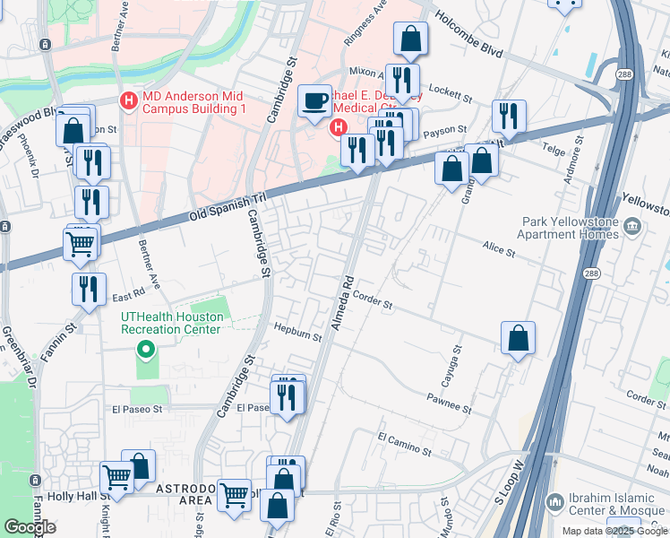 map of restaurants, bars, coffee shops, grocery stores, and more near 7200 Almeda Road in Houston