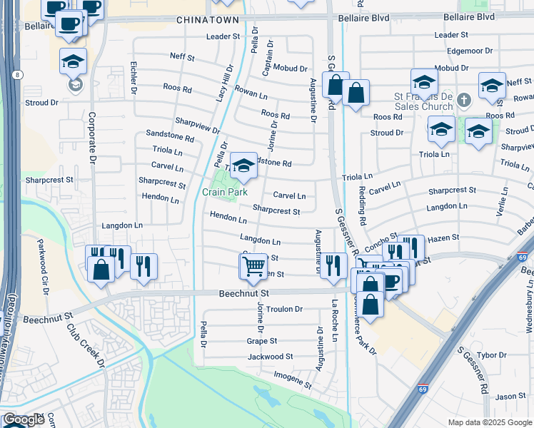 map of restaurants, bars, coffee shops, grocery stores, and more near 9003 Hendon Lane in Houston