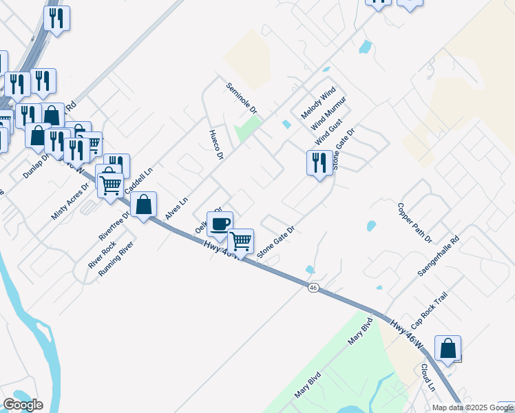 map of restaurants, bars, coffee shops, grocery stores, and more near 233 Stone Hollow in New Braunfels