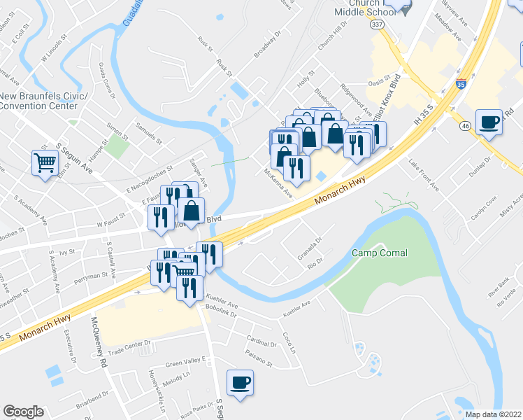 map of restaurants, bars, coffee shops, grocery stores, and more near 453 Interstate 35 Business Loop in New Braunfels