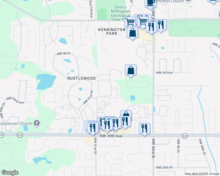 map of restaurants, bars, coffee shops, grocery stores, and more near 4406 Northwest 49th Street in Gainesville