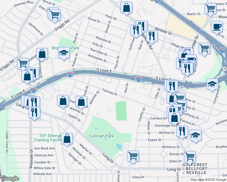 map of restaurants, bars, coffee shops, grocery stores, and more near 6627 Fairway Drive in Houston
