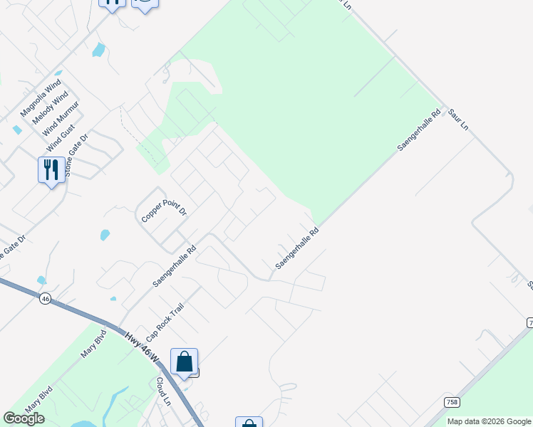 map of restaurants, bars, coffee shops, grocery stores, and more near 520 Long Leaf Drive in New Braunfels