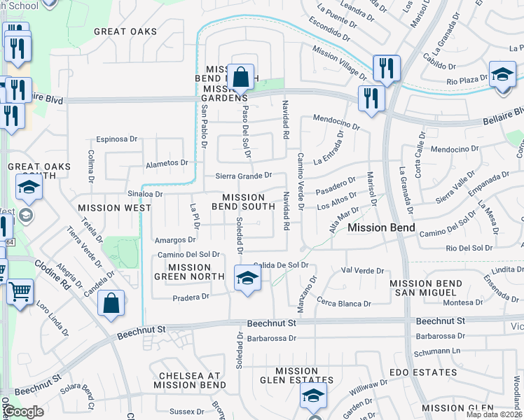 map of restaurants, bars, coffee shops, grocery stores, and more near 16231 Los Altos Drive in Houston