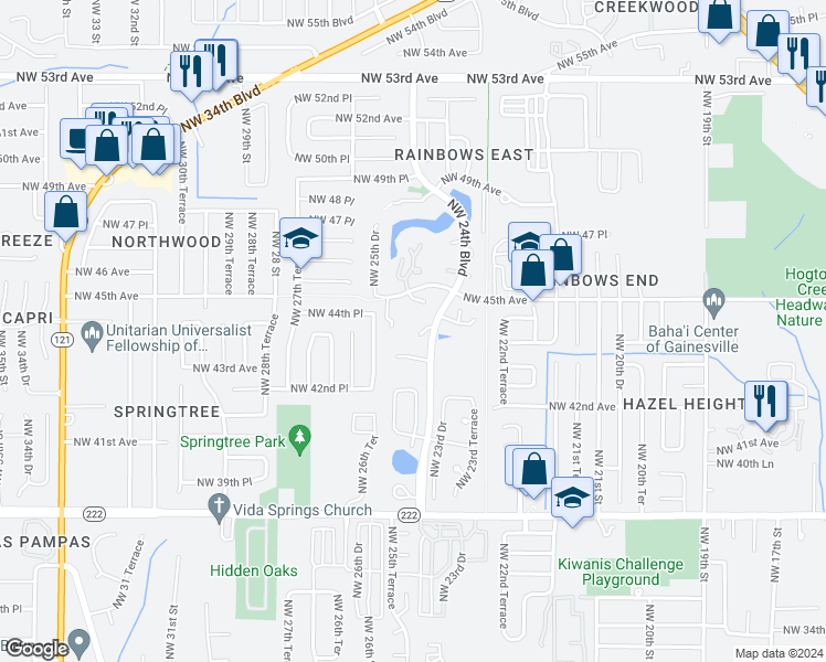 map of restaurants, bars, coffee shops, grocery stores, and more near 2488 Forest Way in Gainesville