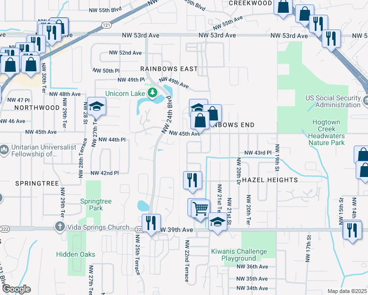 map of restaurants, bars, coffee shops, grocery stores, and more near 2310 Northwest 44th Place in Gainesville