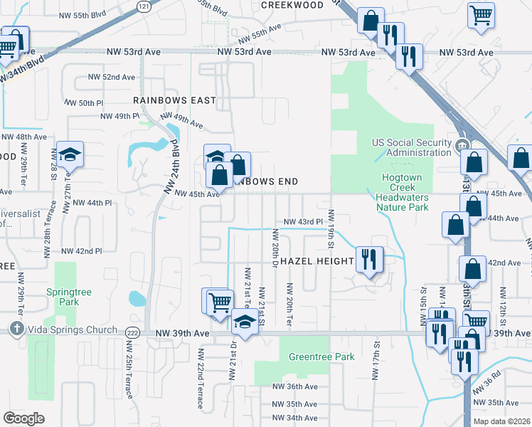 map of restaurants, bars, coffee shops, grocery stores, and more near 4414 Northwest 21st Street in Gainesville