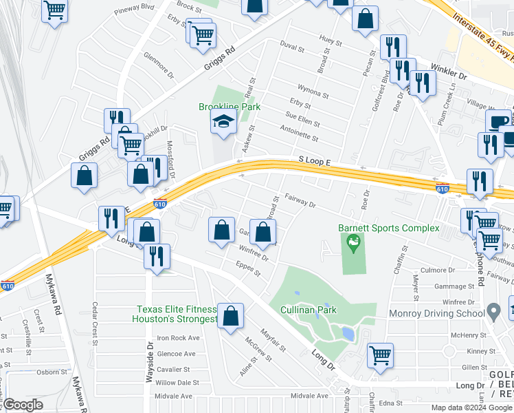 map of restaurants, bars, coffee shops, grocery stores, and more near 6403 Sloan Street in Houston