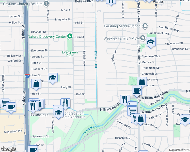 map of restaurants, bars, coffee shops, grocery stores, and more near 4313 Effie Street in Bellaire