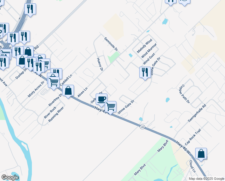 map of restaurants, bars, coffee shops, grocery stores, and more near 327 Rosalie Drive in New Braunfels