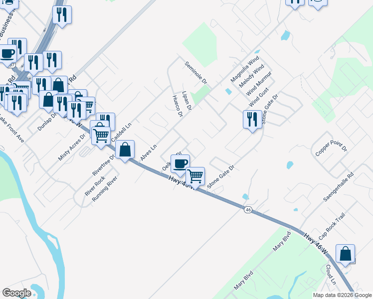 map of restaurants, bars, coffee shops, grocery stores, and more near 327 Rosalie Drive in New Braunfels