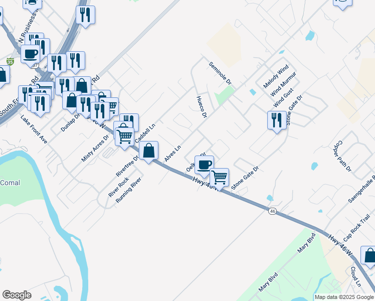 map of restaurants, bars, coffee shops, grocery stores, and more near 225 Anne Louise Drive in New Braunfels