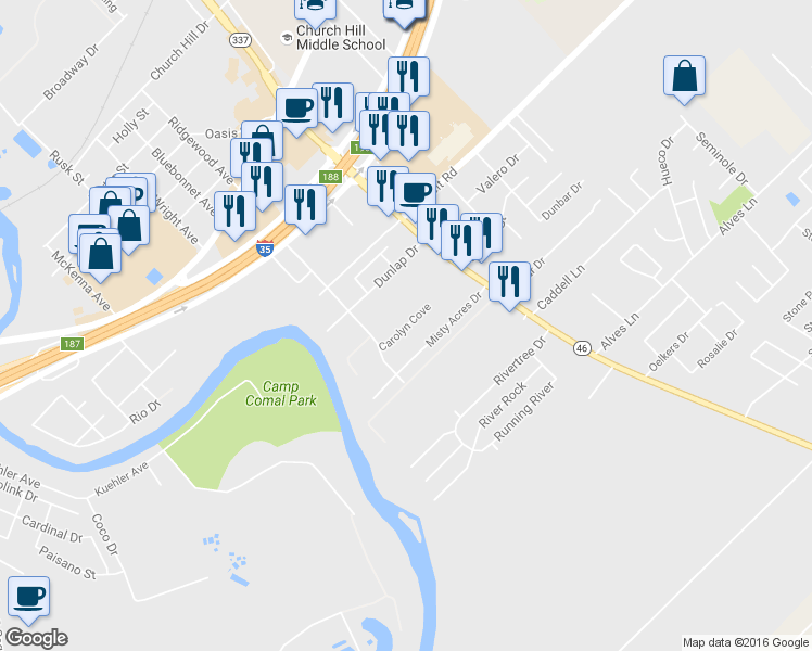map of restaurants, bars, coffee shops, grocery stores, and more near 1077 Carolyn Cove in New Braunfels