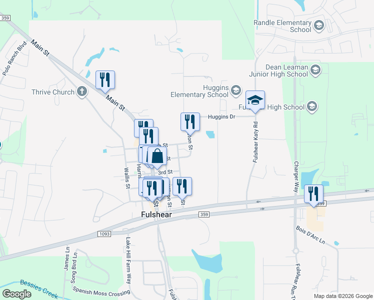 map of restaurants, bars, coffee shops, grocery stores, and more near 8103 Syms Street in Fulshear