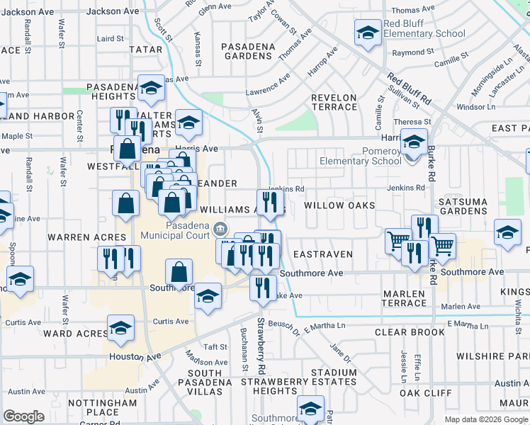 map of restaurants, bars, coffee shops, grocery stores, and more near 1477 Jenkins Road in Pasadena