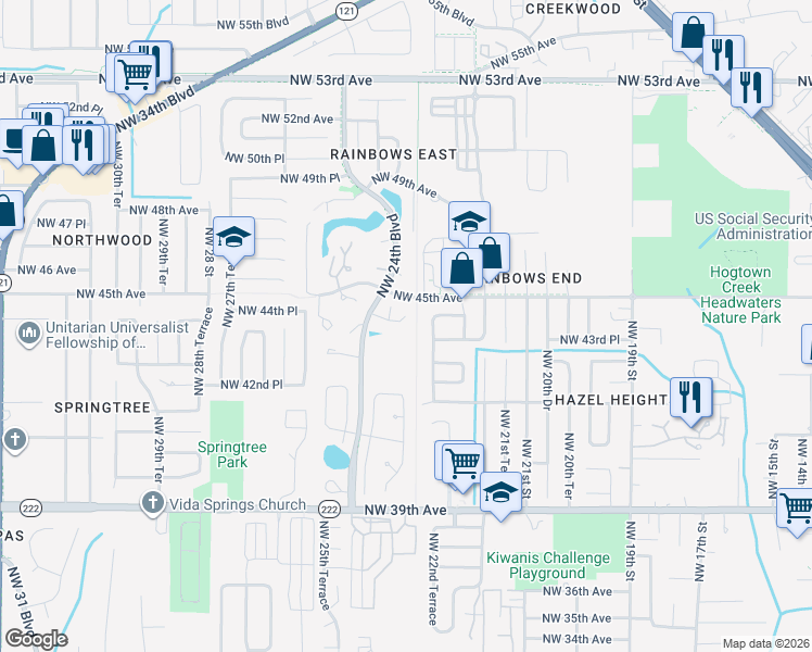 map of restaurants, bars, coffee shops, grocery stores, and more near 2310 Northwest 44th Place in Gainesville
