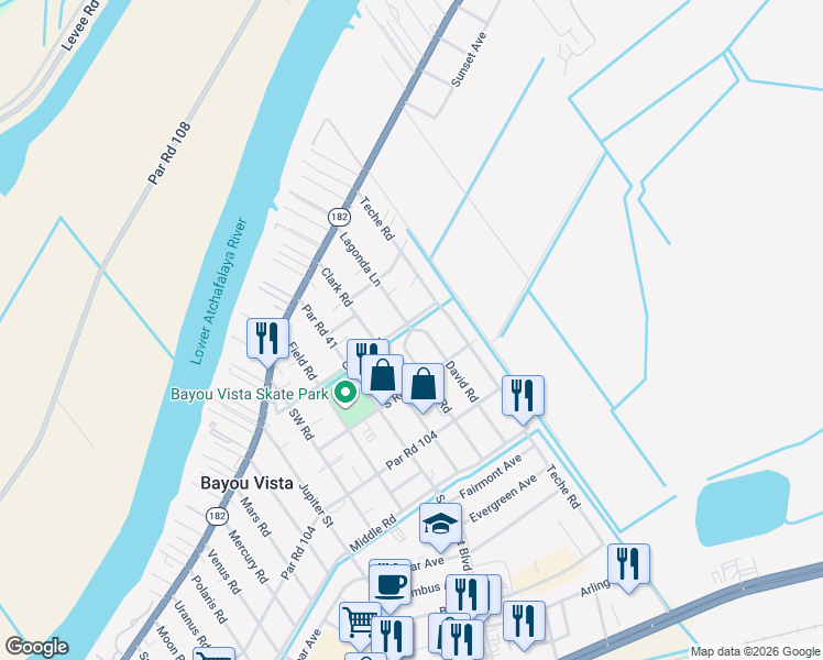 map of restaurants, bars, coffee shops, grocery stores, and more near 301 Carol Road in Morgan City