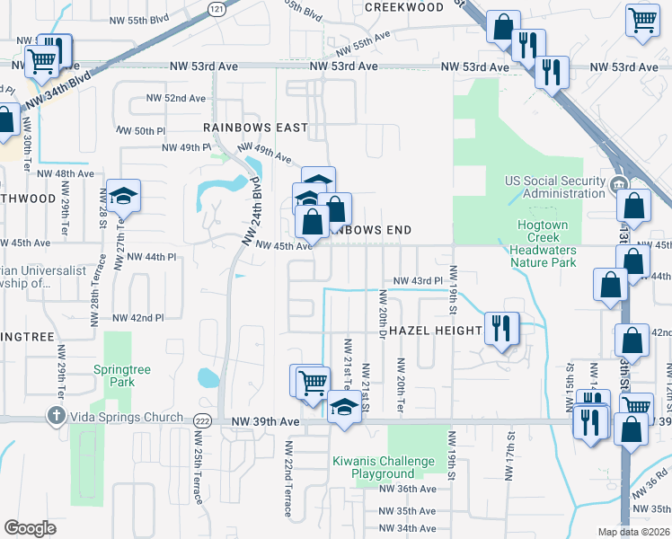 map of restaurants, bars, coffee shops, grocery stores, and more near 4413 Northwest 21st Drive in Gainesville