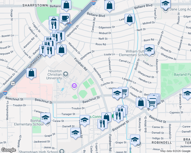 map of restaurants, bars, coffee shops, grocery stores, and more near 7806 Marinette Drive in Houston