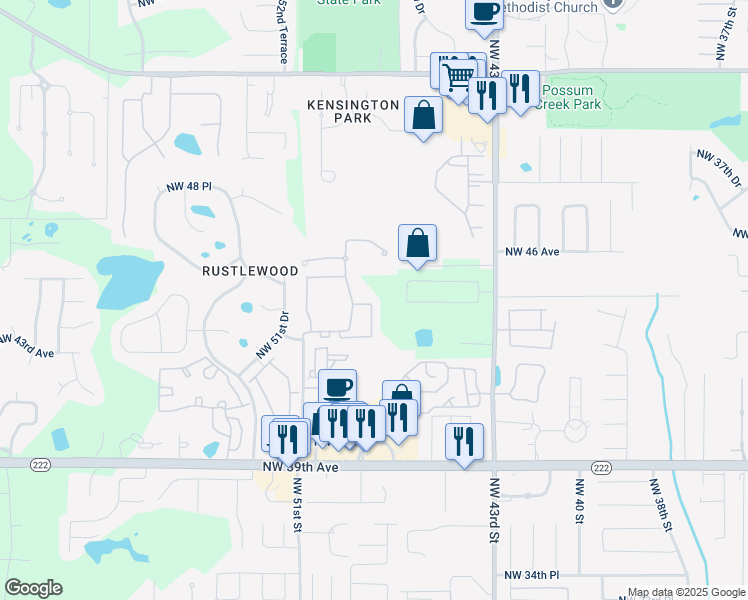 map of restaurants, bars, coffee shops, grocery stores, and more near 4814 Northwest 44th Avenue in Gainesville