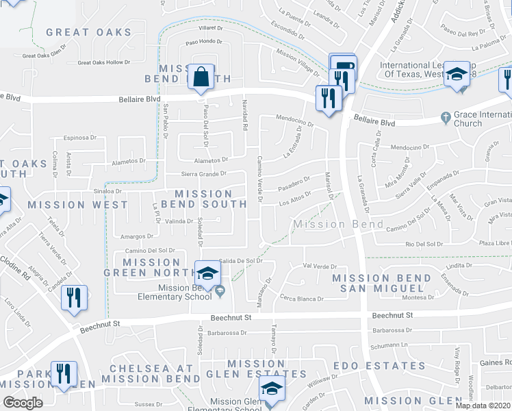 map of restaurants, bars, coffee shops, grocery stores, and more near 7338 Camino Verde Drive in Houston