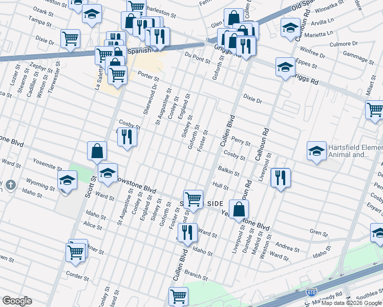 map of restaurants, bars, coffee shops, grocery stores, and more near 6327 Goforth Street in Houston