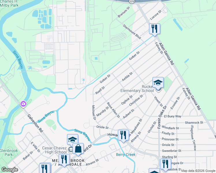 map of restaurants, bars, coffee shops, grocery stores, and more near 1015 Ruell Street in Houston