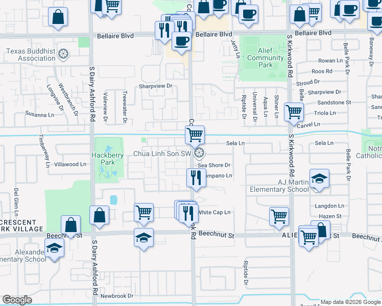 map of restaurants, bars, coffee shops, grocery stores, and more near 7620 Cook Road in Houston