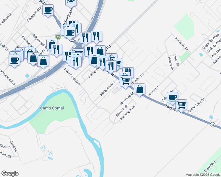 map of restaurants, bars, coffee shops, grocery stores, and more near 1149 Misty Acres Drive in New Braunfels