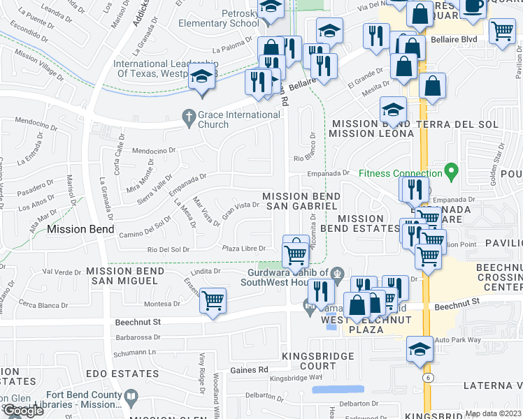 map of restaurants, bars, coffee shops, grocery stores, and more near 15127 Gran Vista Drive in Houston