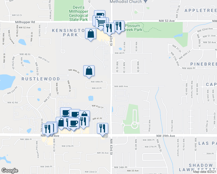 map of restaurants, bars, coffee shops, grocery stores, and more near 4347 Northwest 43rd Terrace in Gainesville