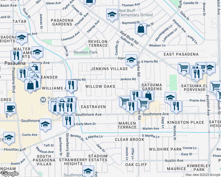 map of restaurants, bars, coffee shops, grocery stores, and more near 1744 Jenkins Road in Pasadena