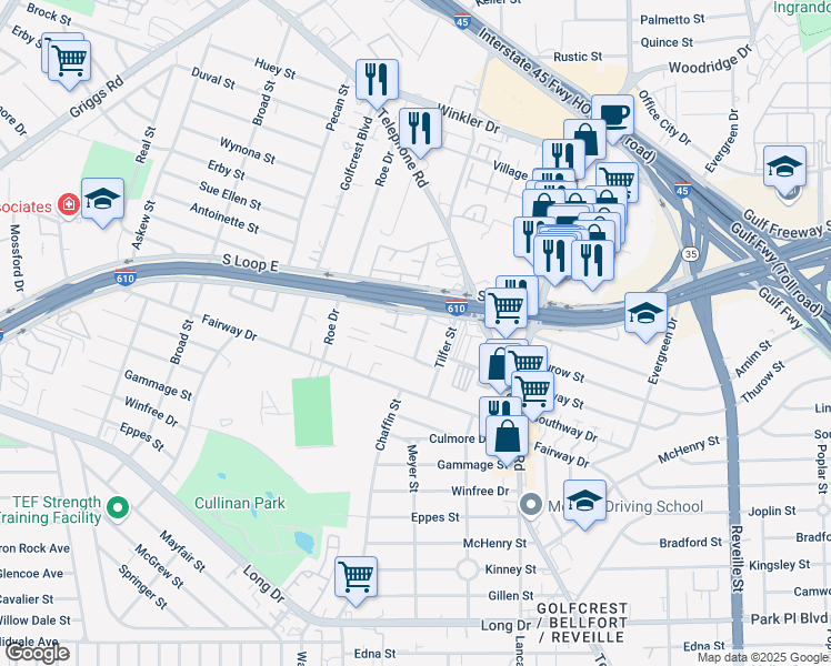 map of restaurants, bars, coffee shops, grocery stores, and more near 3110 Chaffin Street in Houston