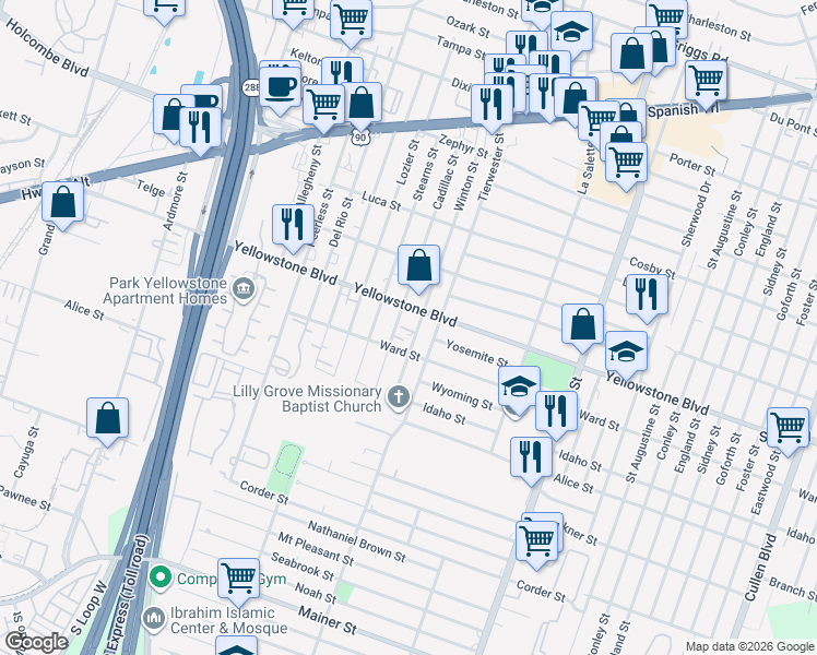 map of restaurants, bars, coffee shops, grocery stores, and more near 3520 Yellowstone Boulevard in Houston
