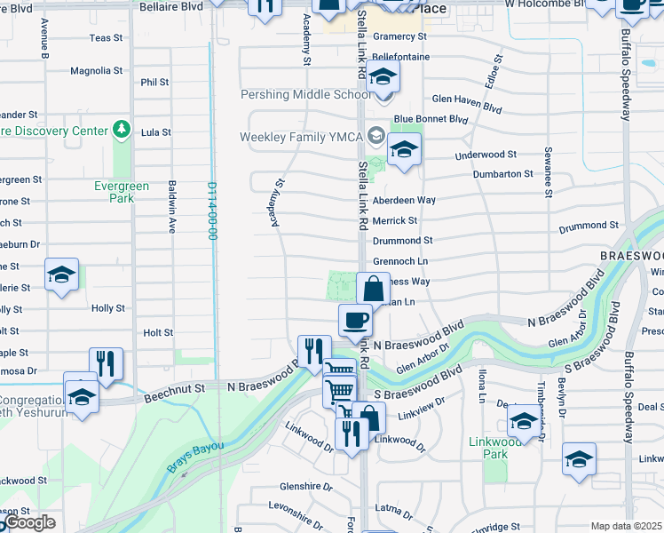 map of restaurants, bars, coffee shops, grocery stores, and more near 4034 Grennoch Lane in Houston