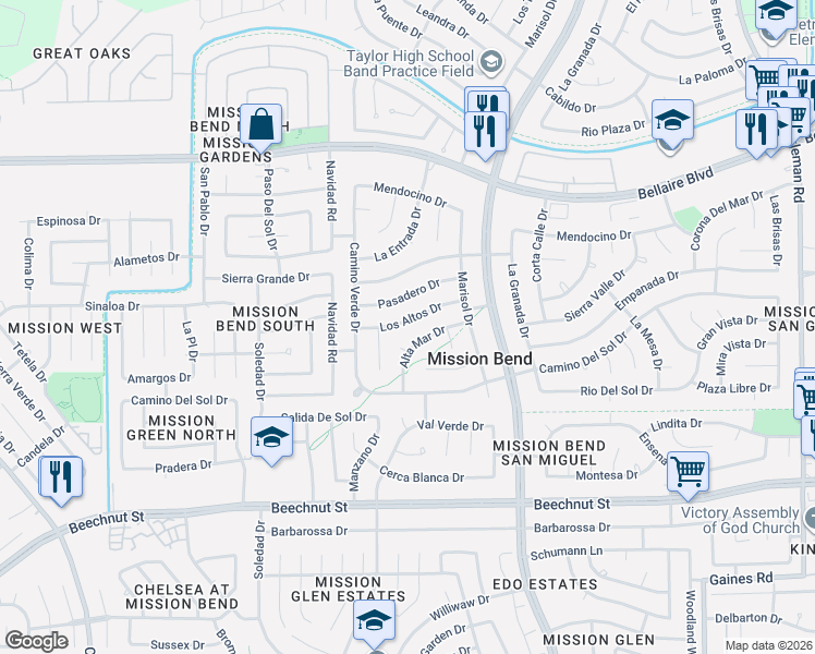 map of restaurants, bars, coffee shops, grocery stores, and more near 16103 Pasadero Drive in Houston