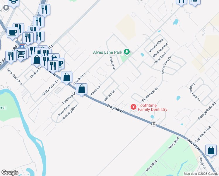 map of restaurants, bars, coffee shops, grocery stores, and more near 957 Floating Star in New Braunfels
