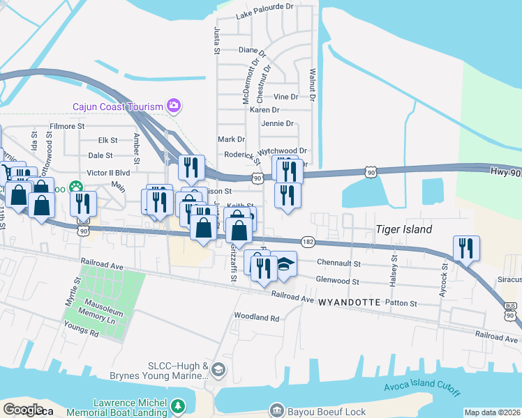 map of restaurants, bars, coffee shops, grocery stores, and more near 516 Roderick Street in Morgan City