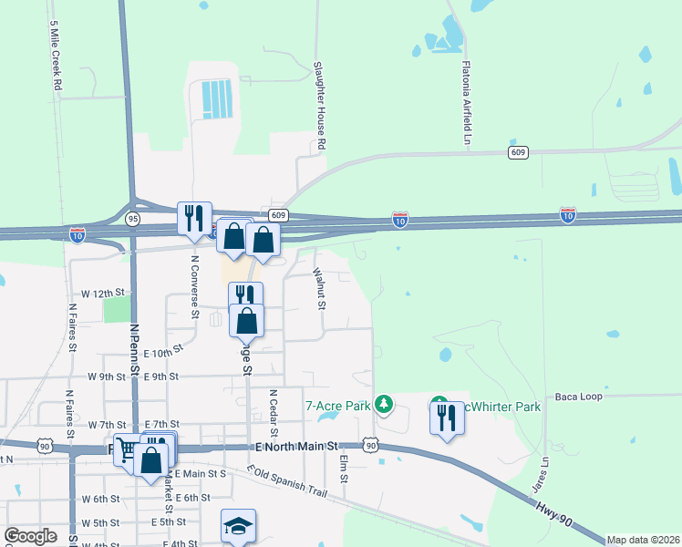 map of restaurants, bars, coffee shops, grocery stores, and more near 870 North Hackberry Street in Flatonia