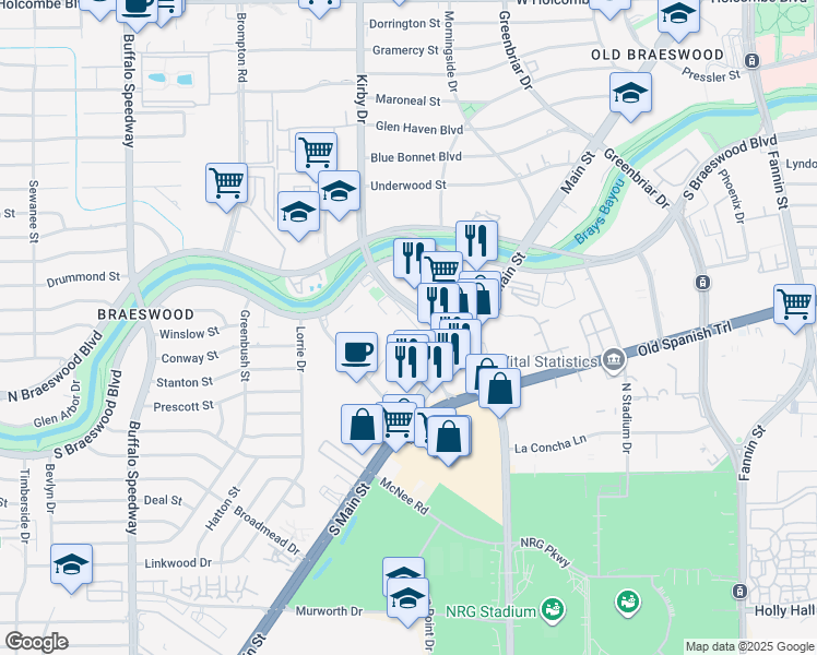 map of restaurants, bars, coffee shops, grocery stores, and more near 7600 Kirby Drive in Houston