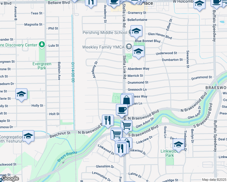 map of restaurants, bars, coffee shops, grocery stores, and more near 4034 Grennoch Lane in Houston