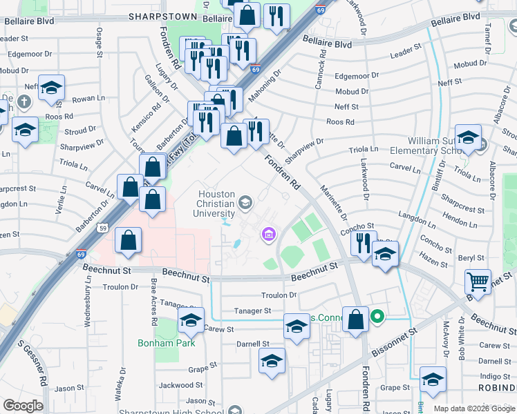 map of restaurants, bars, coffee shops, grocery stores, and more near 7502 Fondren Road in Houston