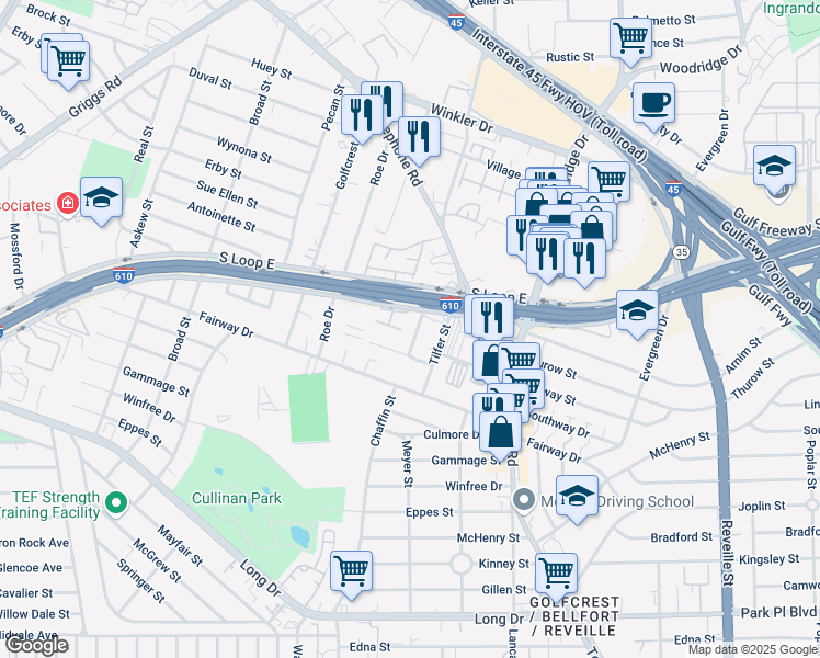 map of restaurants, bars, coffee shops, grocery stores, and more near 3110 Chaffin Street in Houston