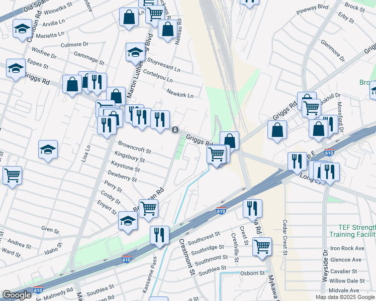 map of restaurants, bars, coffee shops, grocery stores, and more near 5514 Griggs Road in Houston
