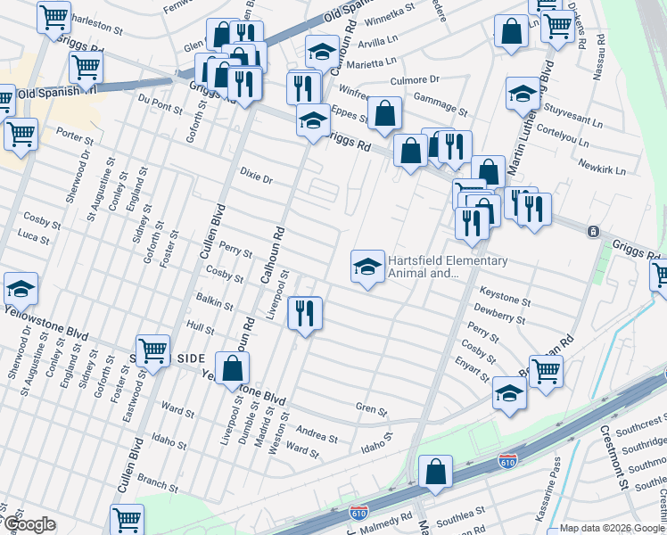 map of restaurants, bars, coffee shops, grocery stores, and more near 6207 Wayland Street in Houston