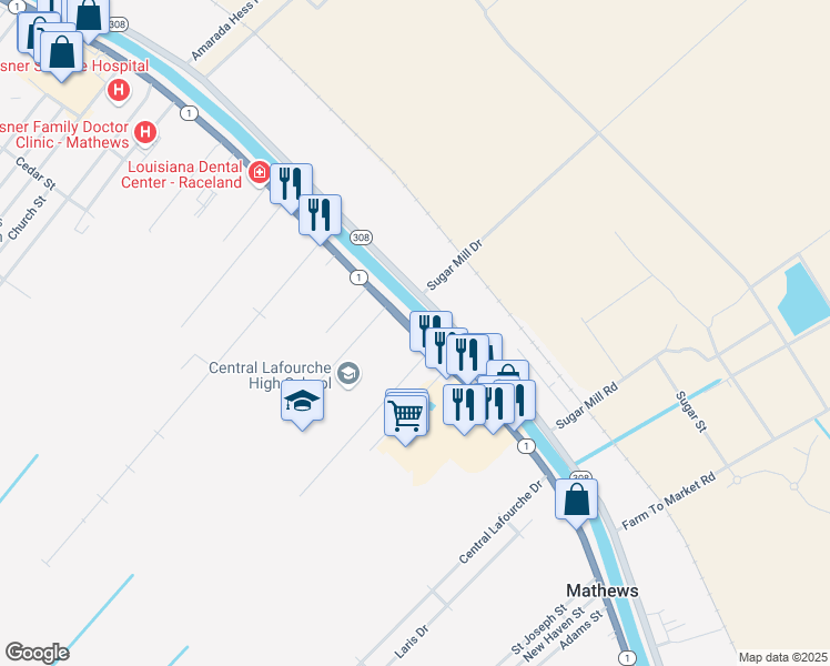 map of restaurants, bars, coffee shops, grocery stores, and more near 4820 Louisiana 1 in Raceland
