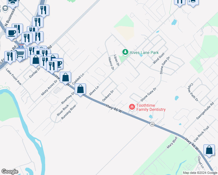 map of restaurants, bars, coffee shops, grocery stores, and more near 228 Anne Louise Drive in New Braunfels