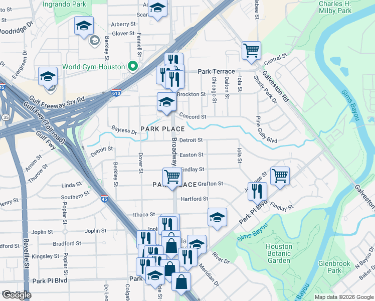 map of restaurants, bars, coffee shops, grocery stores, and more near 8118 Detroit Street in Houston