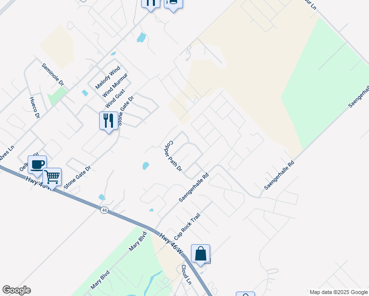 map of restaurants, bars, coffee shops, grocery stores, and more near 390 Copper Point Drive in New Braunfels