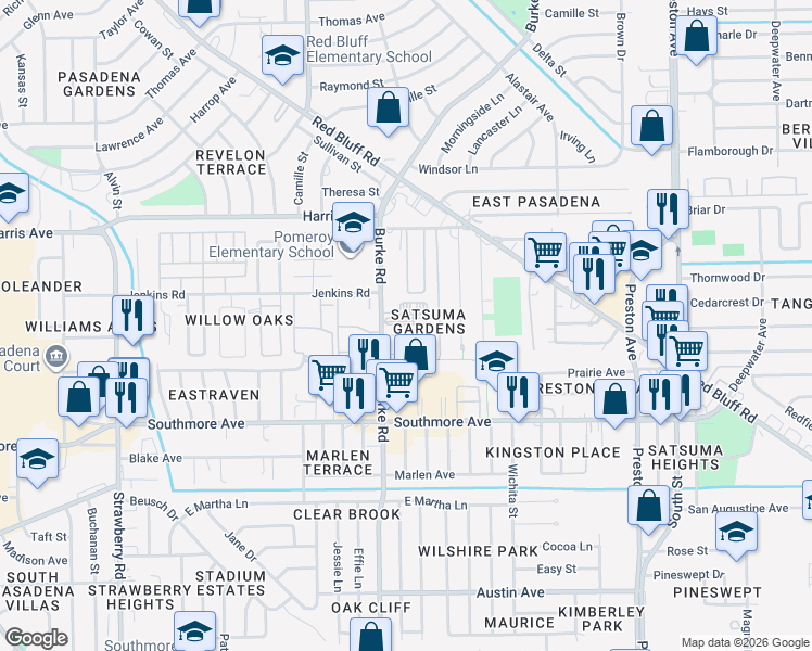 map of restaurants, bars, coffee shops, grocery stores, and more near 1007 Burke Road in Pasadena